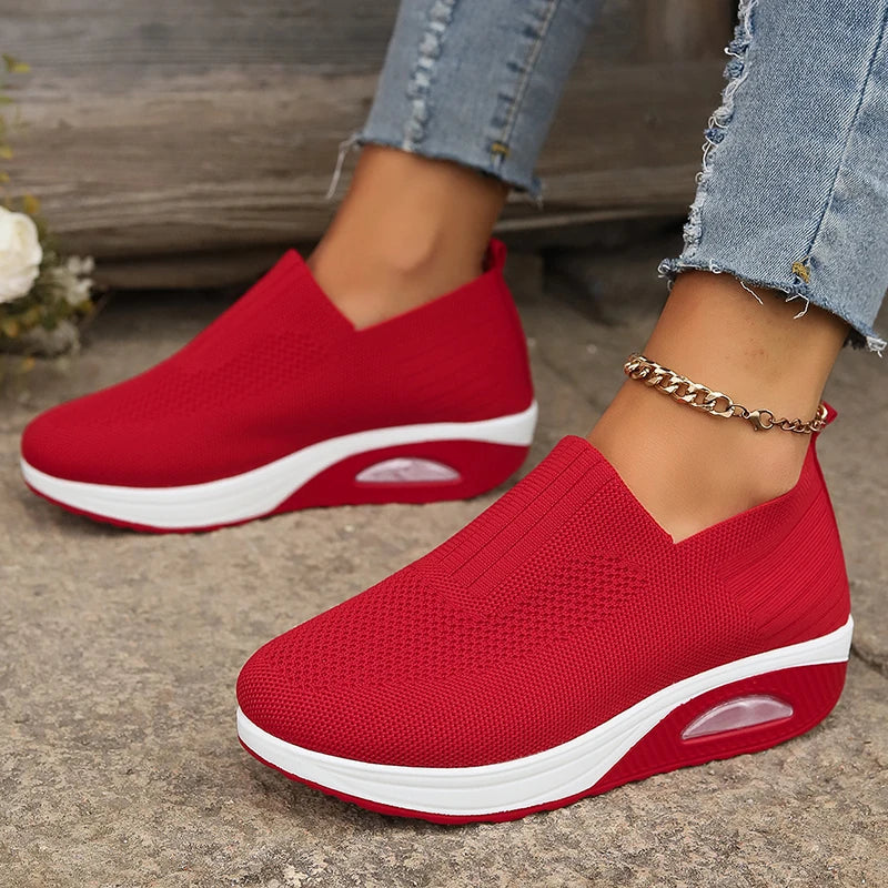 Breathable Knit Wedges Sneakers Woman Spring Autumn Slip On Platform Sport Sneakers Woman Plus Size Thick Sole Walking Shoes
