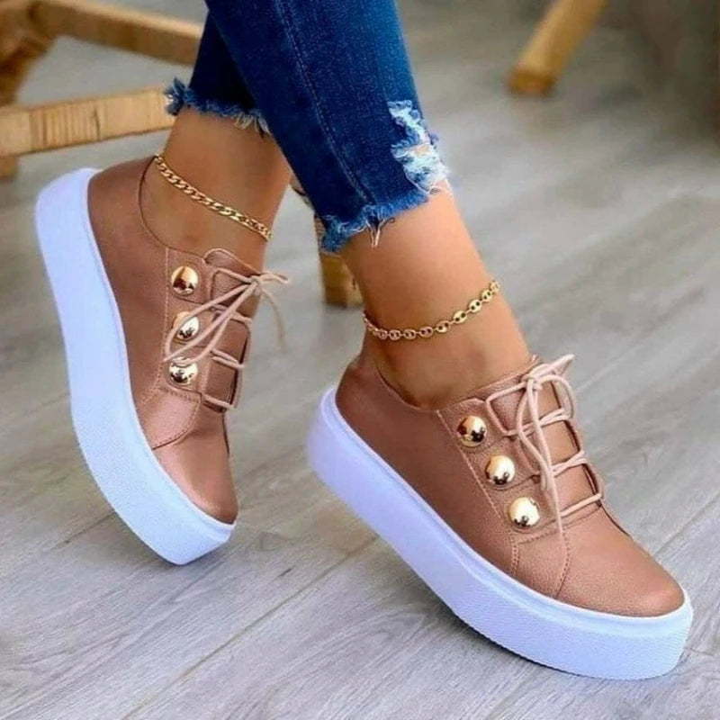 Women's Shoes Pu Leather Sneakers Fashion High Quality Casual Shoes Round Toe Lace Up Flats Plus Size Platform Vulcanize Shoes