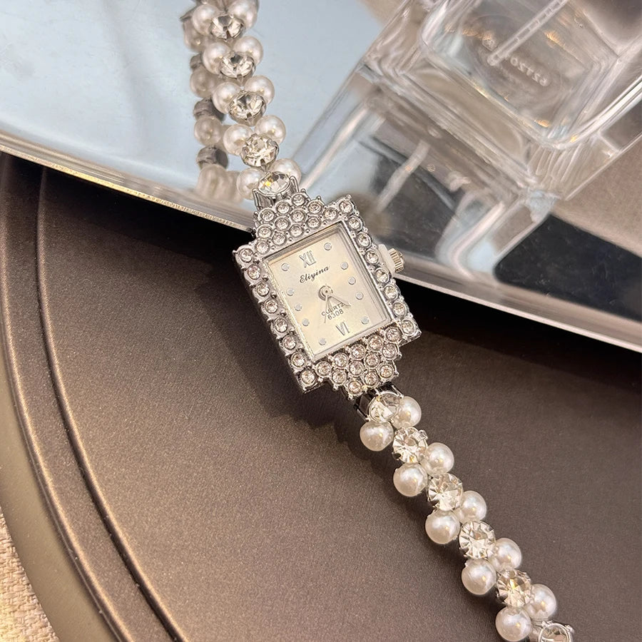 French Romantic Double-Row Exquisite Small Pearl Bracelet Watch Square Diamond-Encrusted Light Luxury Ladies Quartz Watch