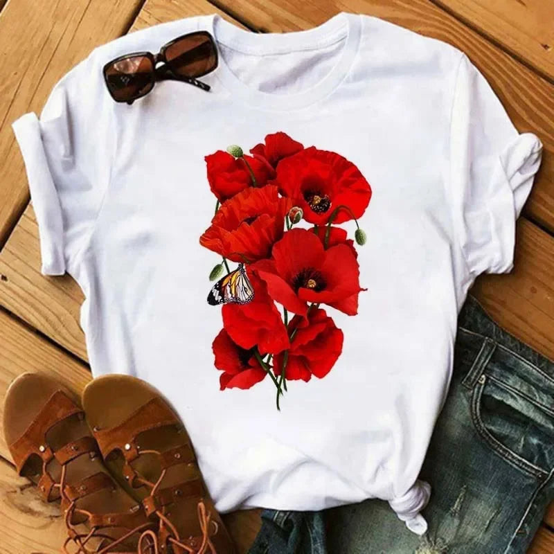 Female Short Sleeve Tshirt Harajuku Tee Shirts Girls T-shirts Fashion Red Poppy Women T Shirt Funny Black Printed Tops Tee