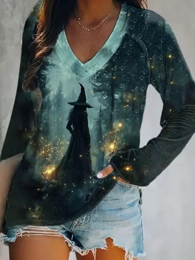 2025 Halloween Women's T-Shirts Graphic Witch Elegant Vintage Tees Long Sleeve T-shirts V-Neck Regular Tops Casual Pullover