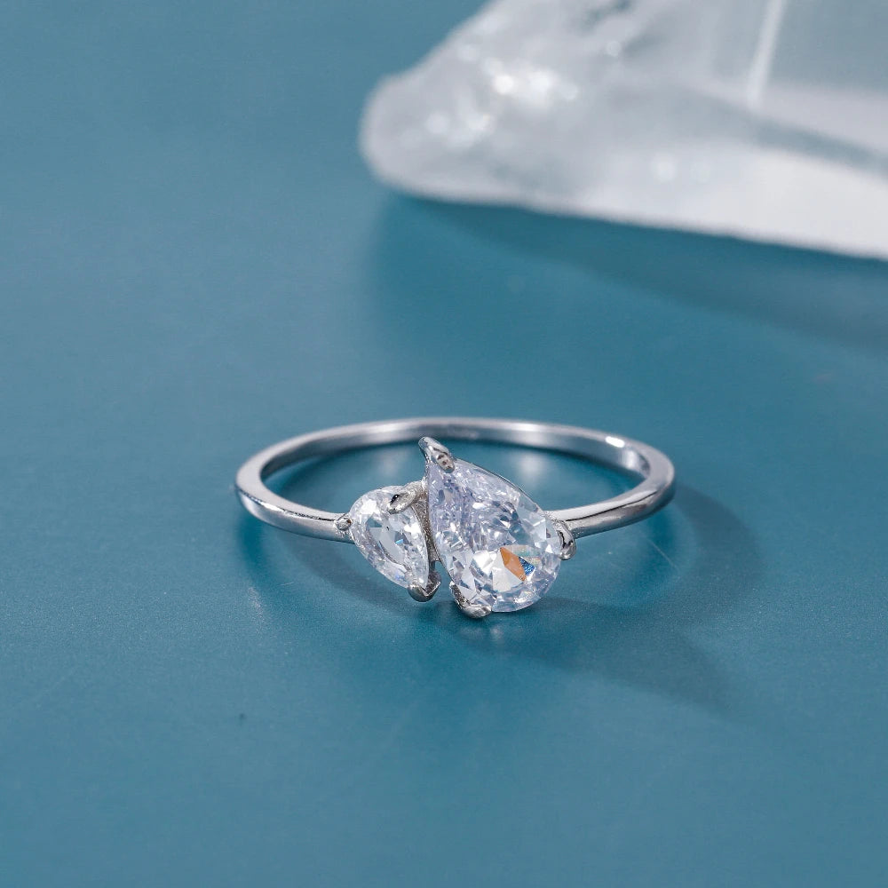 Monkton Genuine S925 Sterling Silver Two Stone Water Drop Rings For Women Dazzling Design Pear Shape CZ Finger Ring Fine Jewelry