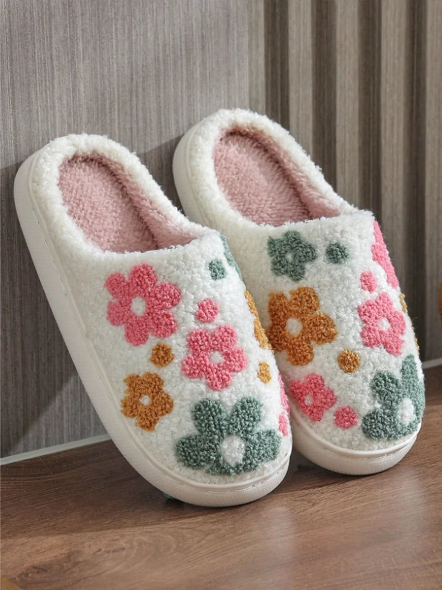 Women's Winter Slippers New Comfortable Home Cute Colorful Flowers Winter Couple's Warm Indoor