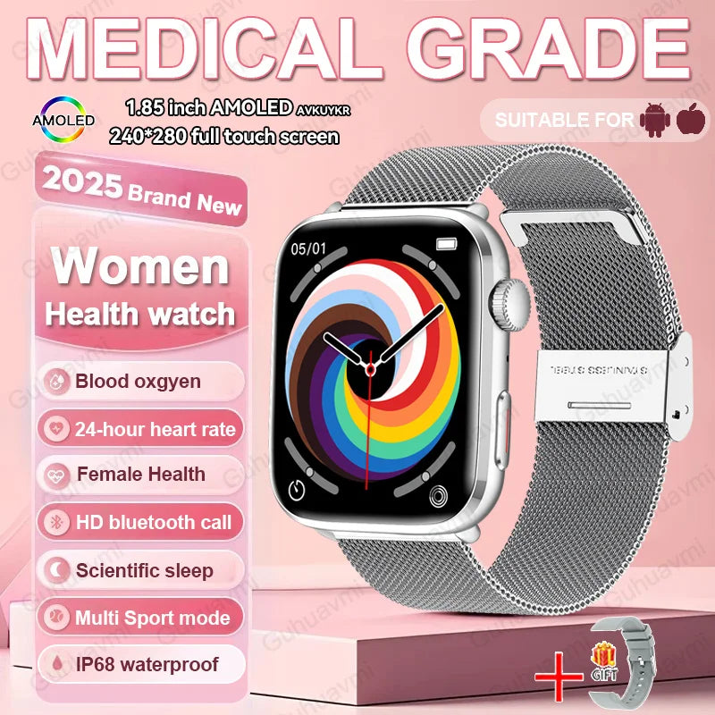 1.85-inch AMOLED Screen Smart Watch Women Bluetooth Call NFC Heart Rate Blood Pressure SP02 Lady Smartwatch For Xiaomi 2025 New