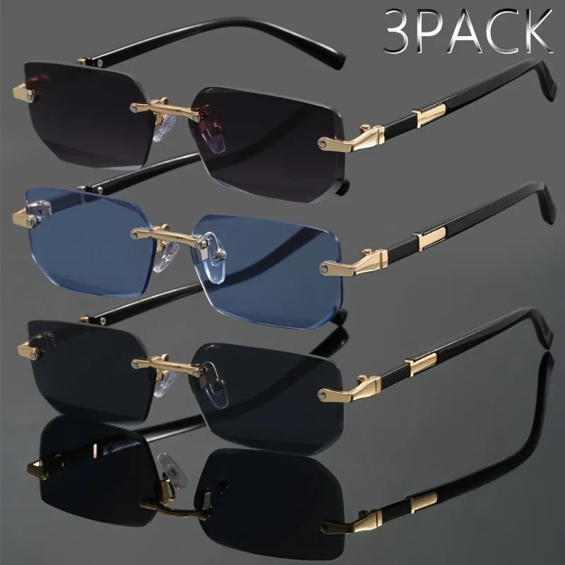 3pcs of men's frameless rectangular fashionable glasses - durable PC lenses suitable for commuting and casual wear
