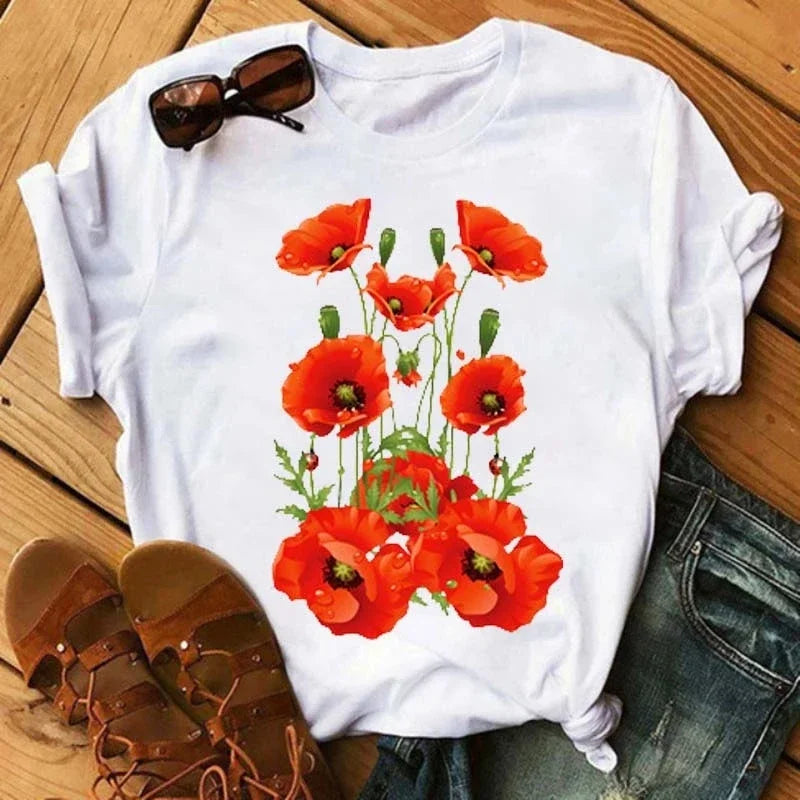 Female Short Sleeve Tshirt Harajuku Tee Shirts Girls T-shirts Fashion Red Poppy Women T Shirt Funny Black Printed Tops Tee