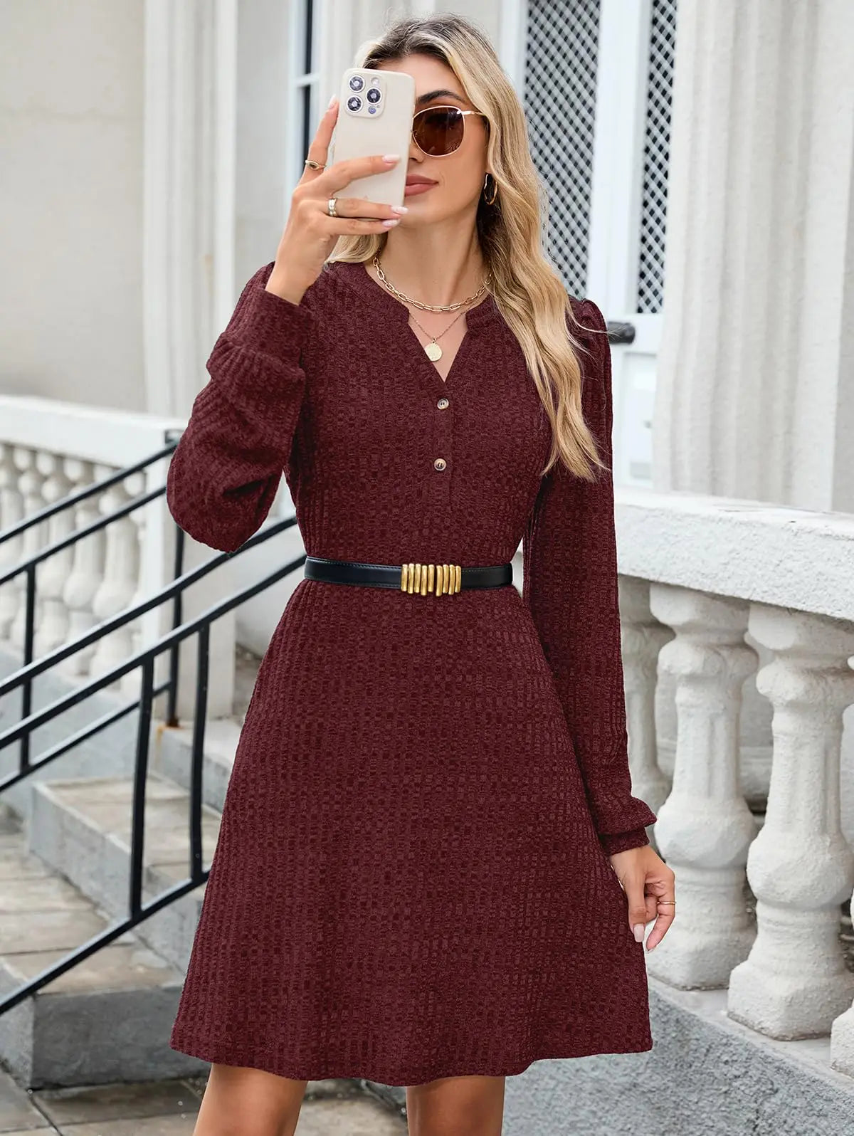 ZAFUL Womens Long Sleeve Fall Dresses with Pockets V Neck Button Casual Bodydoll Knit Sweater Dress 2025