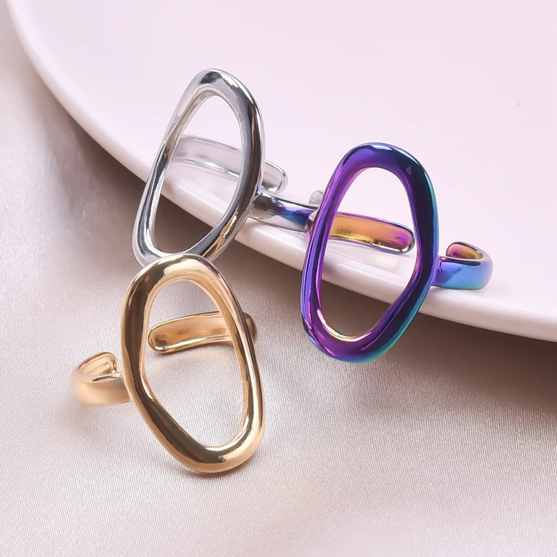 1Pc Stainless Steel Waterproof Women Personality Textured Chunky Open Rings Vintage Hollow Irregular Multi-layer Anillos Jewelry