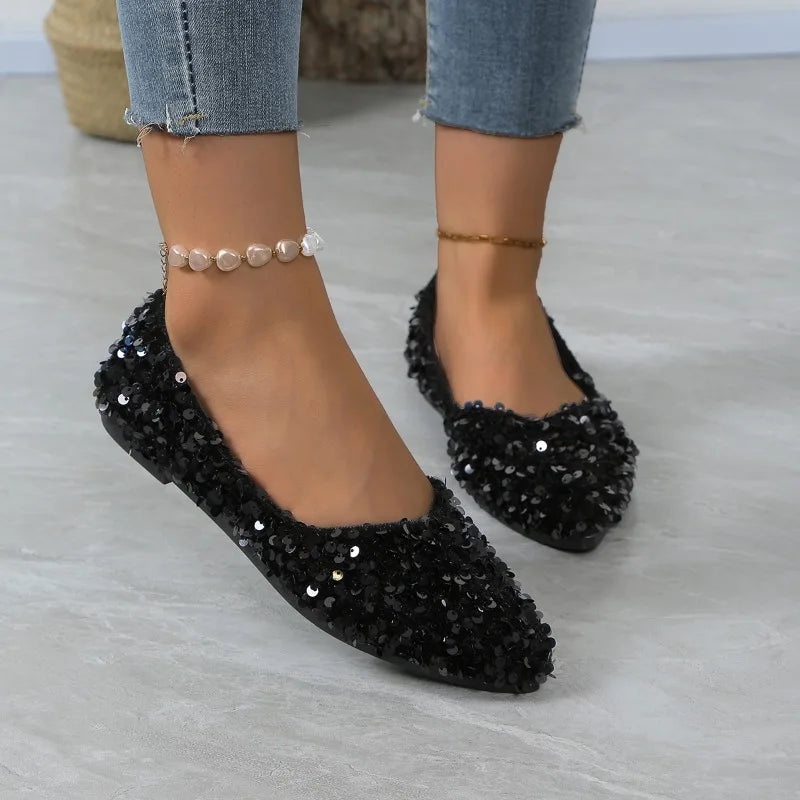 Sequin Designer 2025 Spring New Style Fashion Round Toe Non-slip Flat Shoes Casual Comfortable Shallow Mouth Women's Loafers