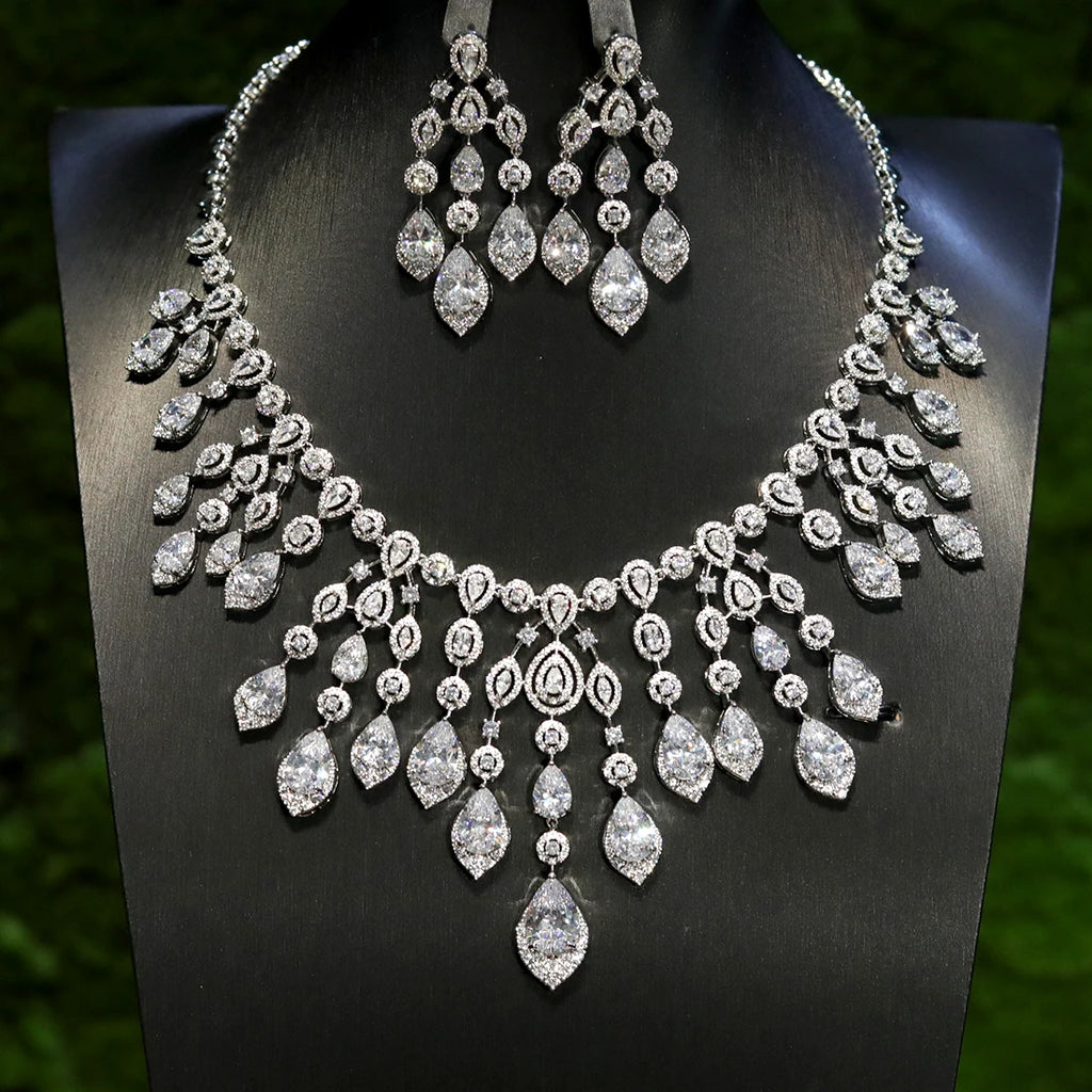 Luxury 2PCS Indian Bridal Jewelry Set For Women Wedding Party Tassel Pendant Zircon Dubai Indian jewelry Sets X0617