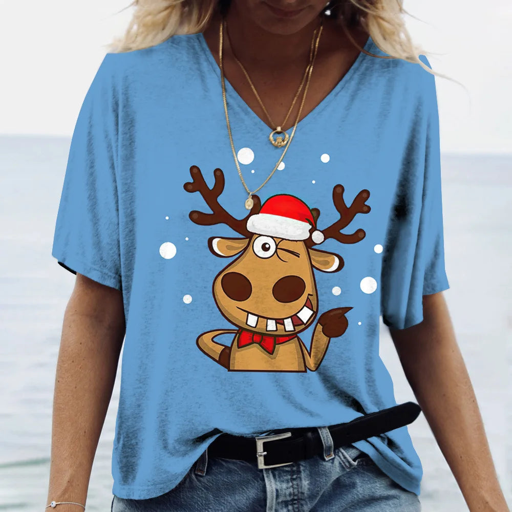 Merry Christmas Women's Short sleeved V-neck T-shirt Christmas Tree Santa Claus Letter Print Simple Trendy Trend Women Clothing