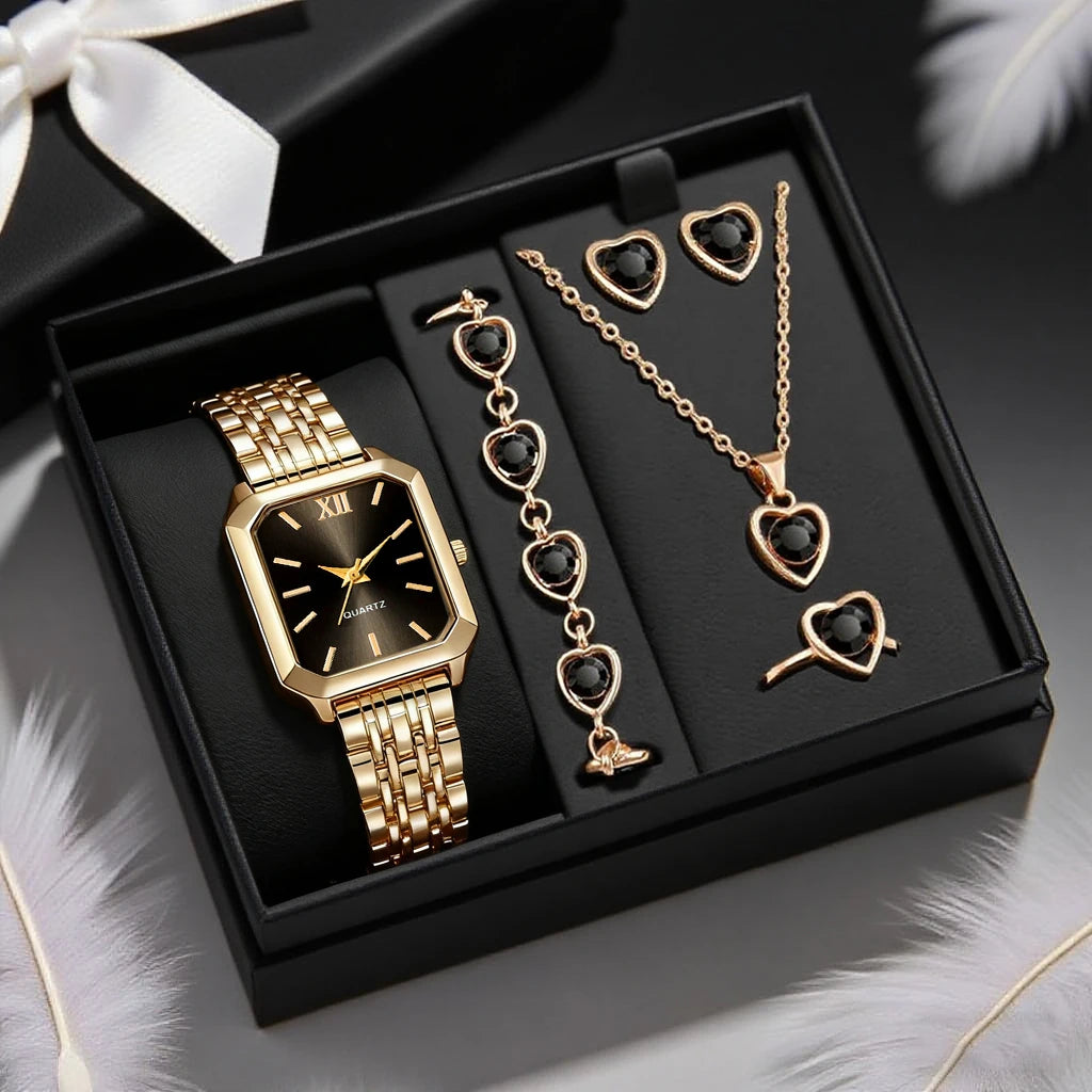 New simple and fashionable women's round dial leather strap quartz watch + exquisite jewelry set Back to school season graduatio