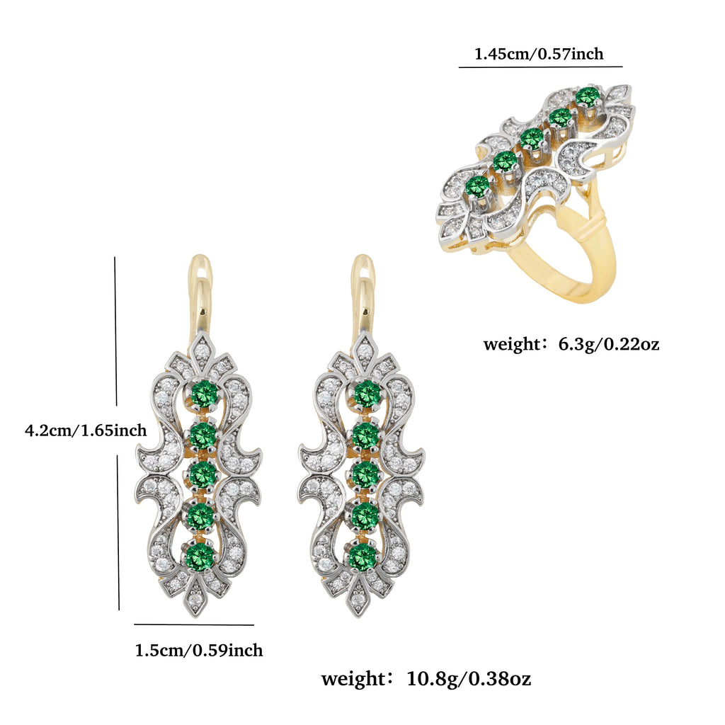 LUYIN Bohimian Style Green Brilliant Design Earrings Ring Set For Woman Copper Plated 14K 2 Color Party Wedding Delicate Gift