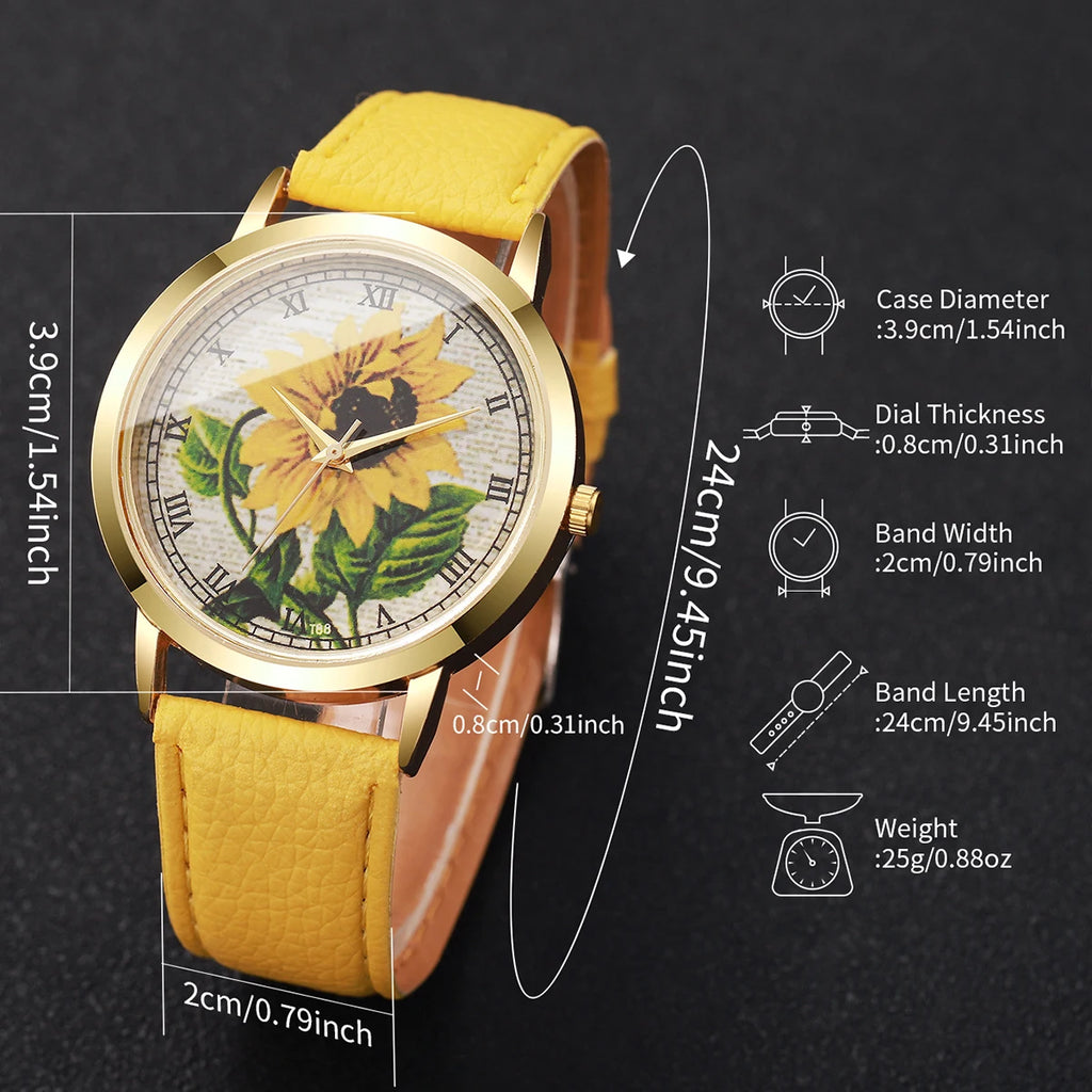 2/6PCS Fashion Flower Dial Women Watches Leather Strap Quartz Watch Daisy Jewelry Set Reloj Mujer (Without Box)