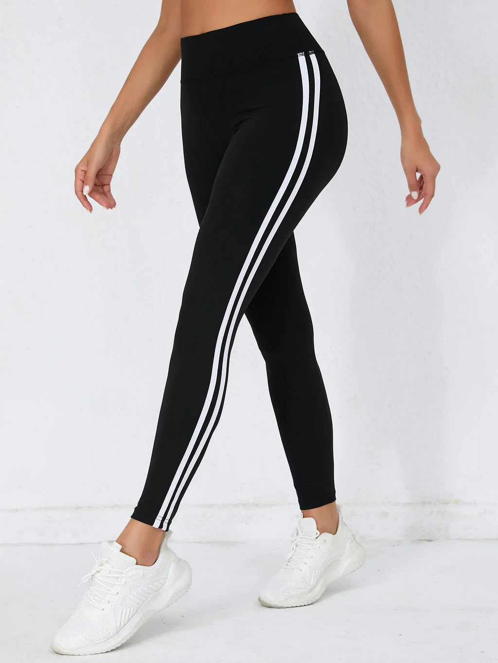 Women's Super Soft Leggings With White Striped, High Waist Stretch Workout Running Tight Pants