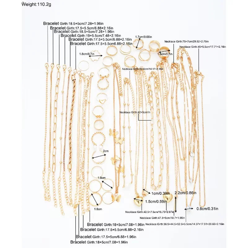 40 Pcs/Set Elegant Geometric Pearl Rings Multi-Layered Heart Zircon Necklace Simple Bracelet 3-In-1 Jewelry Set For Women Gifts