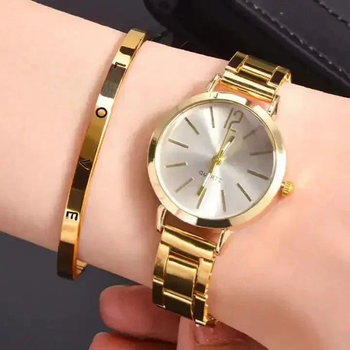 2pcs Set Luxury Watch for Women Simple Round Dial Stainless Fashion Gold Bracelet Quartz Wristwatch Ladies Watches Reloj Mujer