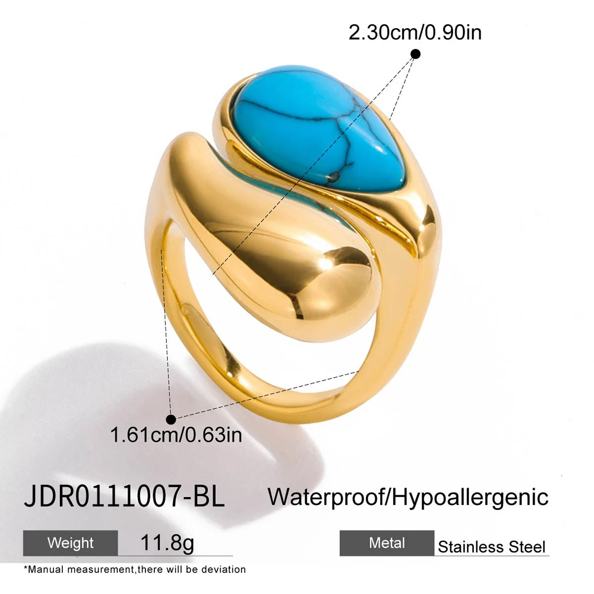 Uworld Vintage Fashion 18K Gold Color Plated Blue Turquoise Asymmetric Open Rings Waterproof Stainless Steel Women Jewelry Party