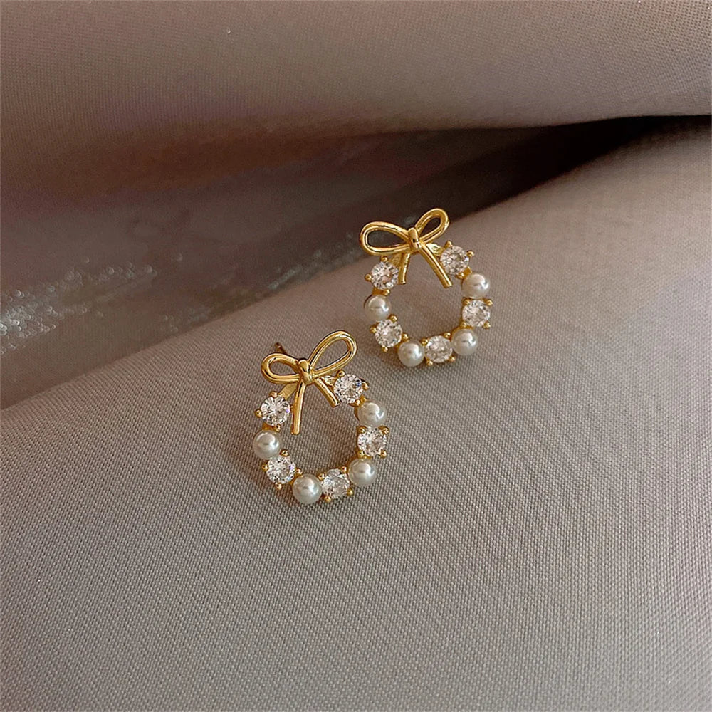 Simple Bow Garland Earrings Acrylic Crystal Pearl Earrings For Women Trendy Party Jewelry Earrings Accessories Gifts