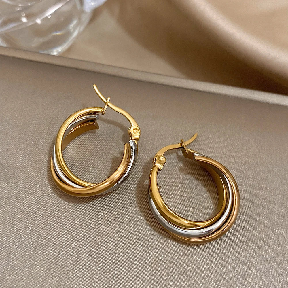 Trendy Stainless Steel U-shaped Twisted Hoop Earrings for Women Classic Triple Color Metal Waterproof Earrings Party Jewelry
