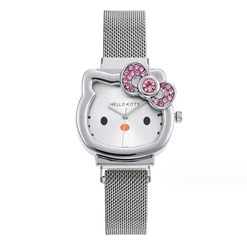 Hello Kitty Bow Diamond Watch Sanrio Anime Fashionable Quartz Watches Cute Cartoon Magnet Watches Girls Birthday Gifts