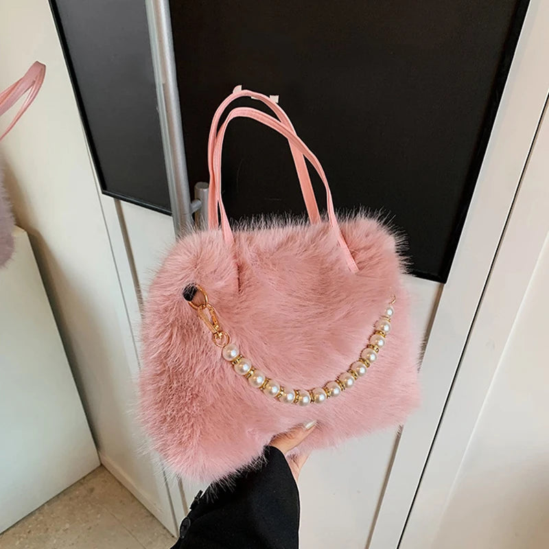 Winter Fashion Faux Fur Crossbody Bags for Women's Gift, Pearl Chain Decor Shoulder Bag, Ladies Handbags Top-handel Bag