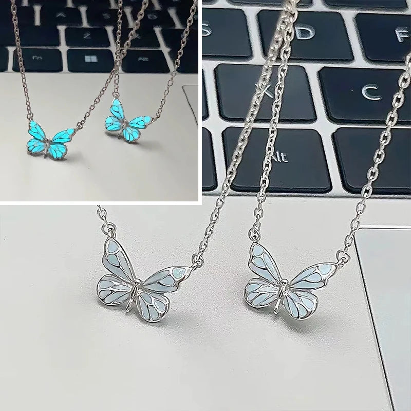 Fashion Blue Luminous Butterfly Necklace Bracelet Set for Glow in the Dark Women Clavicle Chain Choker Party Jewelry Set Gift