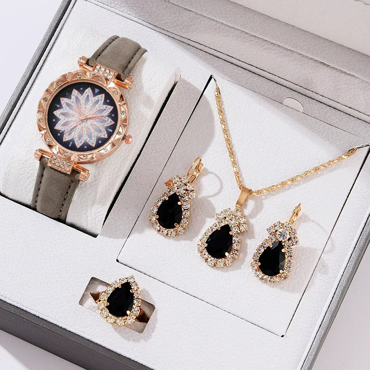 5/6PCS Set Rose Gold Luxury Watch Women Ring Necklace Earring Rhinestone Fashion Wristwatch Casual Ladies Bracelet( No Box)