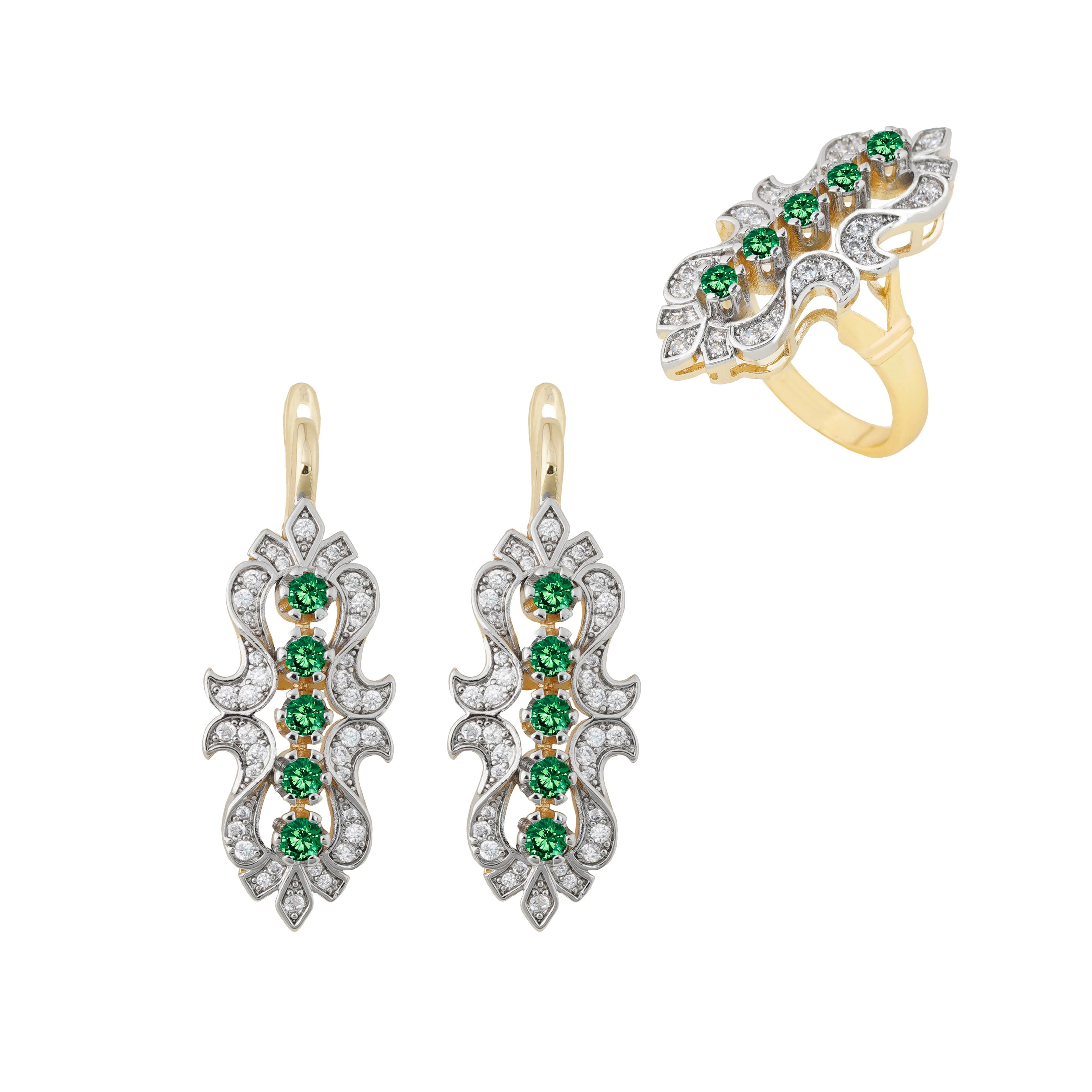 LUYIN Bohimian Style Green Brilliant Design Earrings Ring Set For Woman Copper Plated 14K 2 Color Party Wedding Delicate Gift