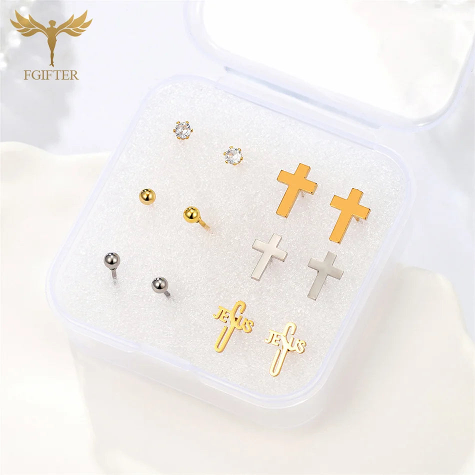 Christian Jesus Cross Earrings Zircon Balls Stainless Steel Stud Earings Set Women Men Jewelry Small Christmas Gifts With Box