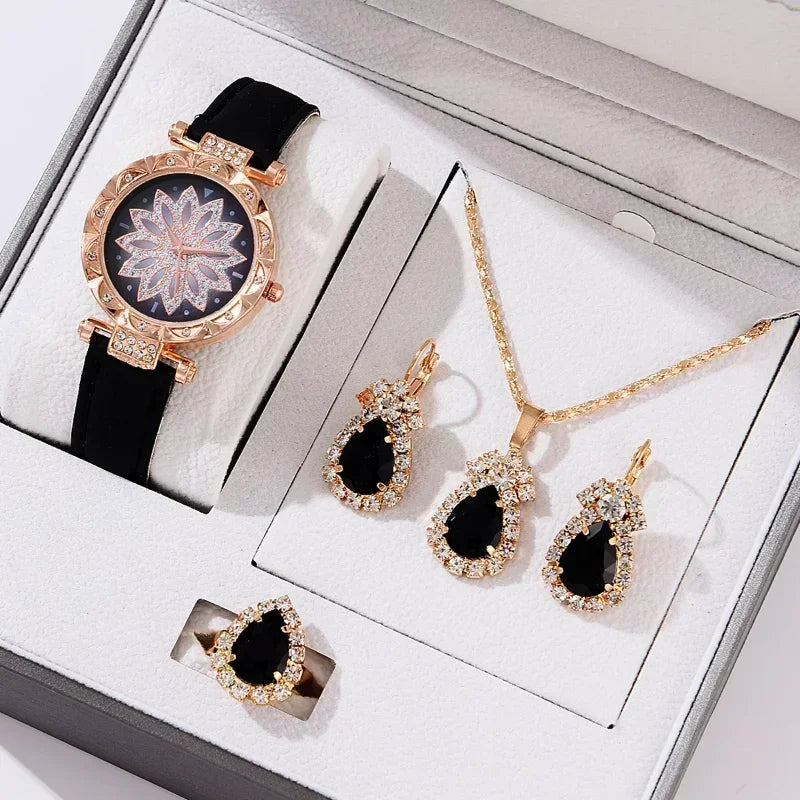 5/6PCS Set Rose Gold Luxury Watch Women Ring Necklace Earring Rhinestone Fashion Wristwatch Casual Ladies Bracelet( No Box)