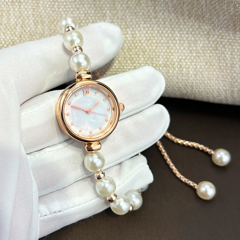 Elegant Pearl Bracelet Women's Quartz Watch Pull-out Adjustable Strap Watch Luxury Small Dial Ladies Wristwatch Gift