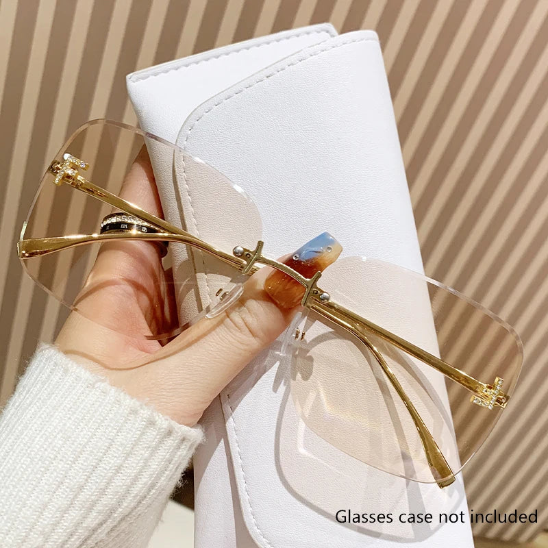 Diamond-in Sunglasses Letter F Frameless Edged Sunglasses Metal Square Large Frame Trendy Glasses Women 90267