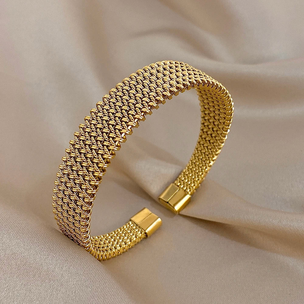 Vintage Golden Stainless Steel Weave Bracelet for Women Men Trendy 5 7 10 14mm Size Chunky Bangle Bracelets Waterproof Jewelry