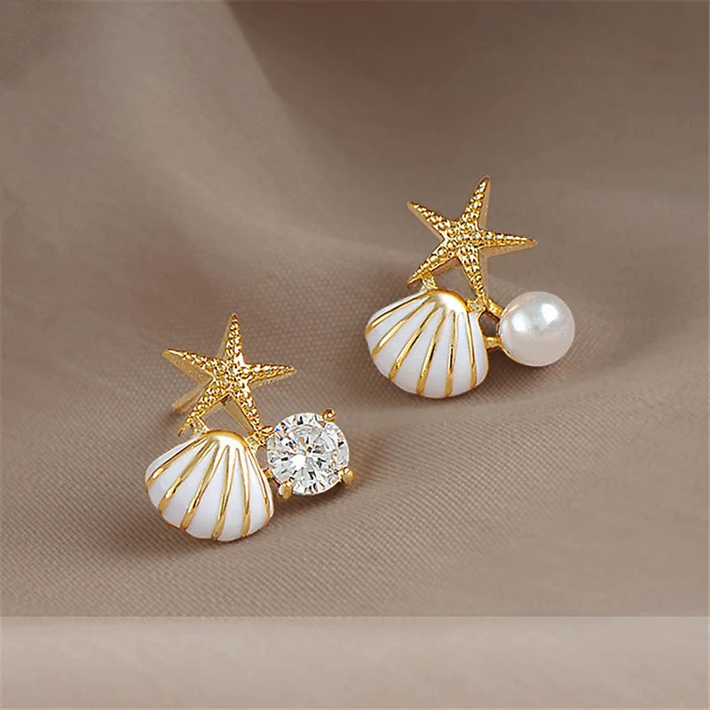 White Pink Shell Starfish Stud Earrings for Women Cute Asymmetric Imitation Pearl Rhinestones Beads Charms Small Ear Jewelry