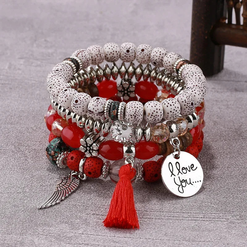 4Pcs Bohemian Beaded Bracelet Set For Women I Love You Letter Round Wing Tassel Charm Elastic Chain Bangle Girls Boho Jewelry