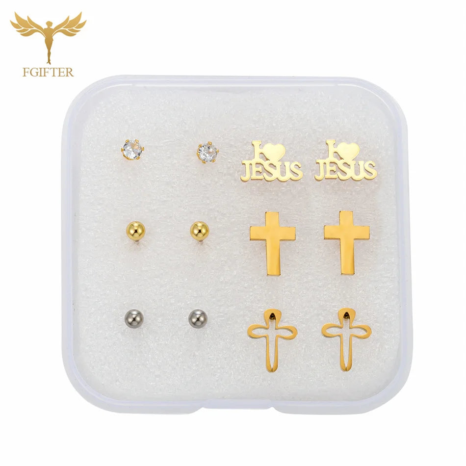 Christian Jesus Cross Earrings Zircon Balls Stainless Steel Stud Earings Set Women Men Jewelry Small Christmas Gifts With Box