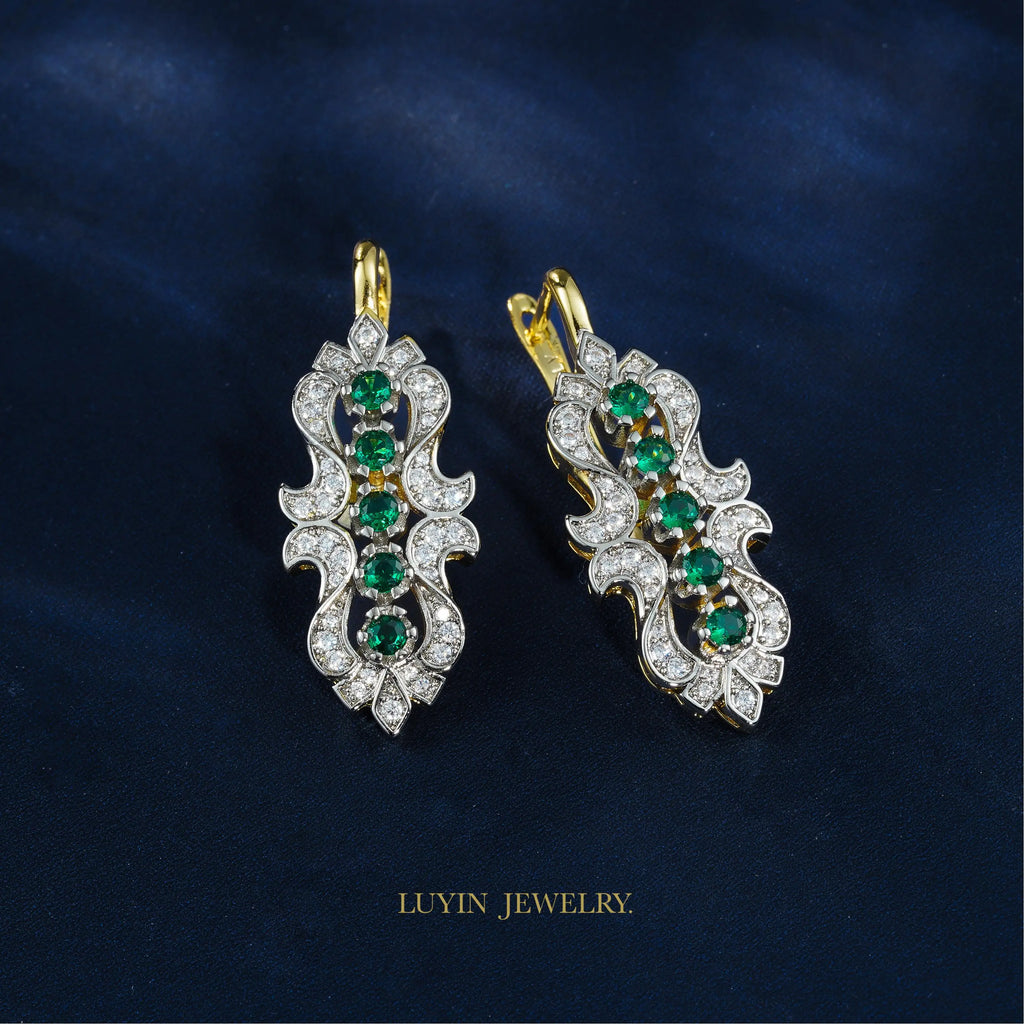 LUYIN Bohimian Style Green Brilliant Design Earrings Ring Set For Woman Copper Plated 14K 2 Color Party Wedding Delicate Gift