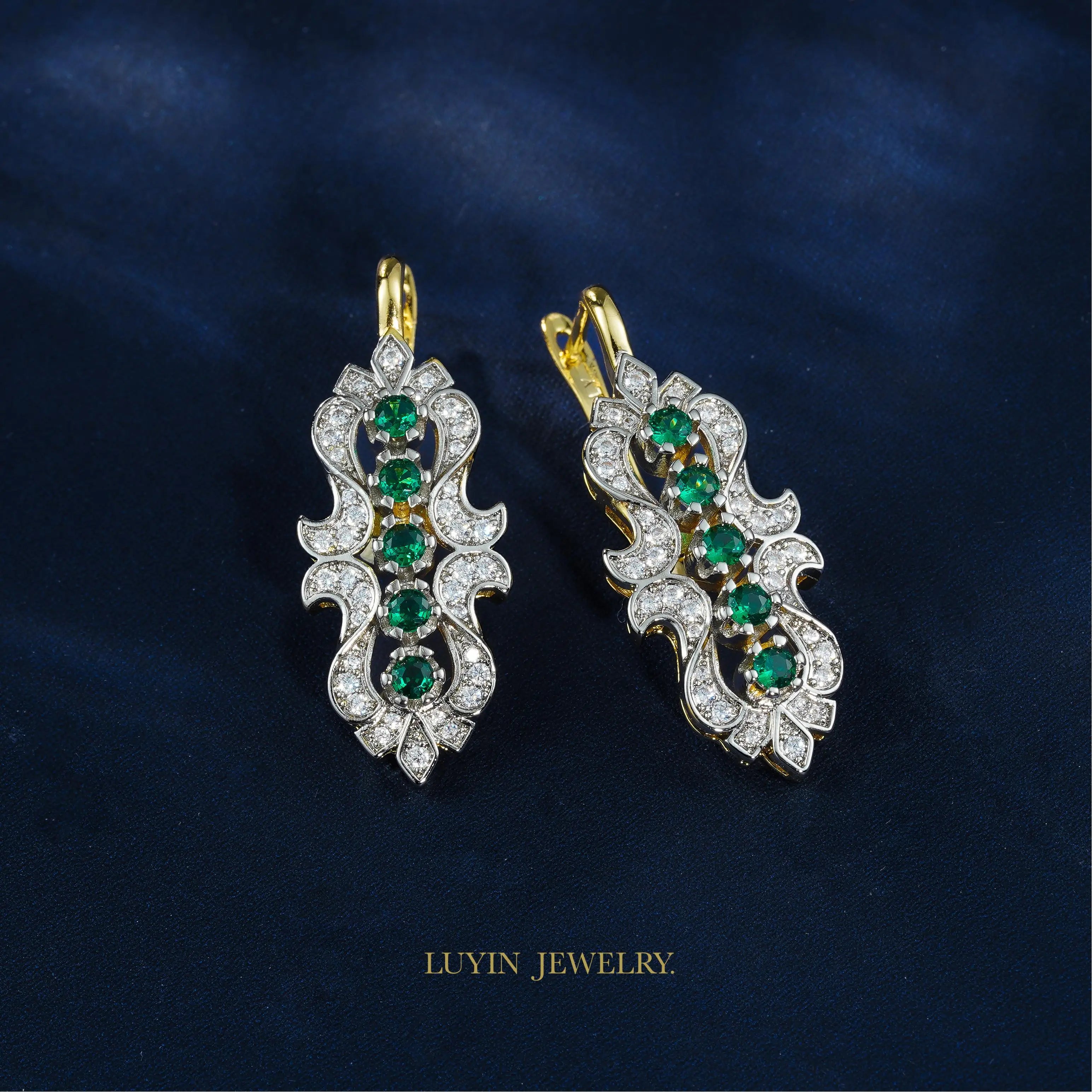 LUYIN Bohimian Style Green Brilliant Design Earrings Ring Set For Woman Copper Plated 14K 2 Color Party Wedding Delicate Gift