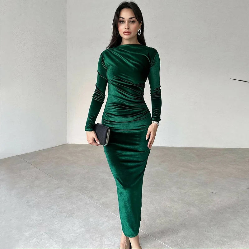Dresses for Women New Long Sleeve O-Neck Women Dress Black Folds Package Hip Velvet Dress Women Vestidos De Verano Mujer Q890