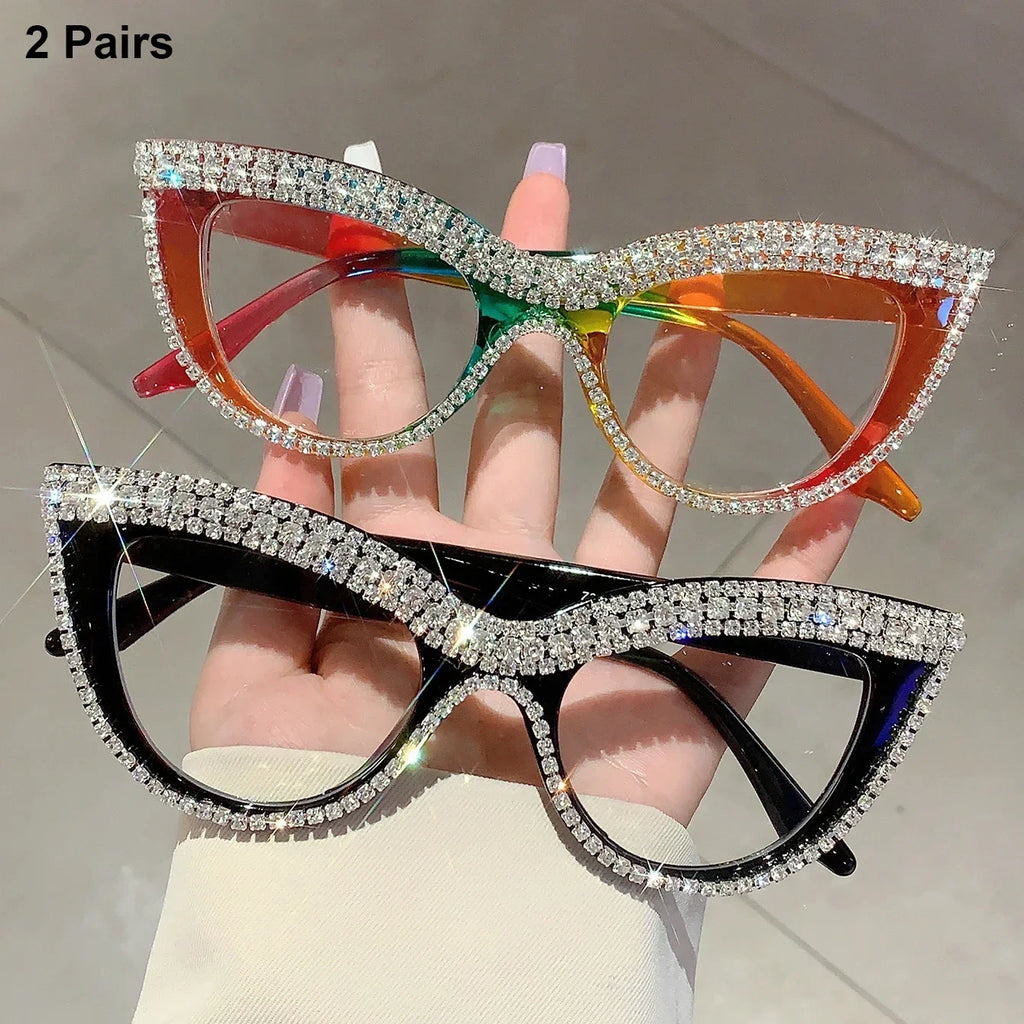 2 Pairs Per Set Cat Eye Glasses with Rhinestones Women Fashion Brand Design Optical Frames Trendy Chic Casual Decor Eyeglasses