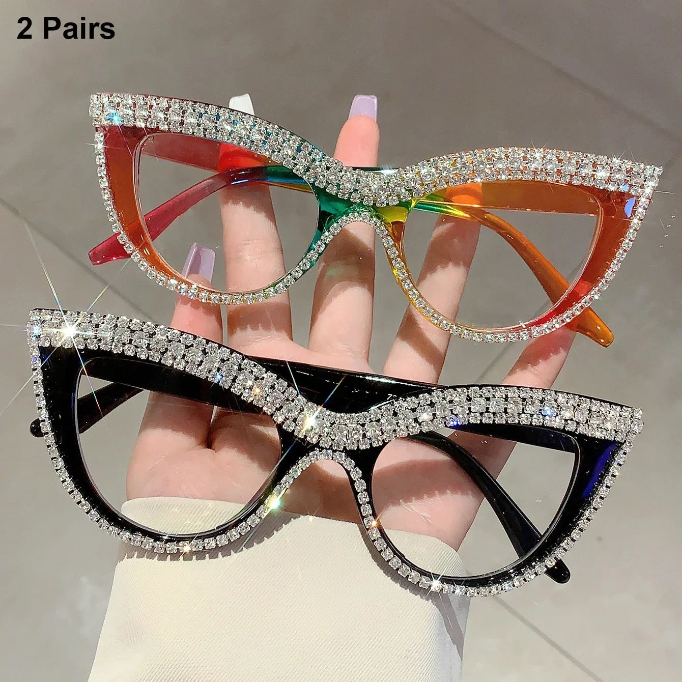 2 Pairs Per Set Cat Eye Glasses with Rhinestones Women Fashion Brand Design Optical Frames Trendy Chic Casual Decor Eyeglasses