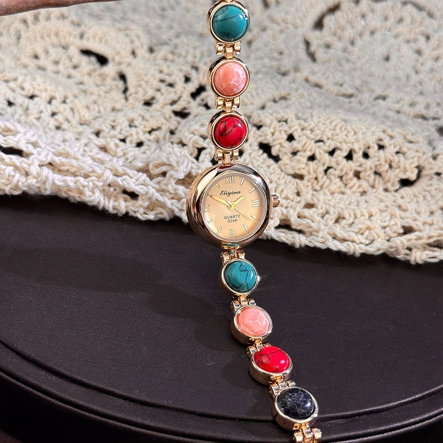 Colorful Turquoise Ladies Wristwatch Bracelet New Popular Luxury Vintage Stone Embedded Elegance Quartz Watch for Women