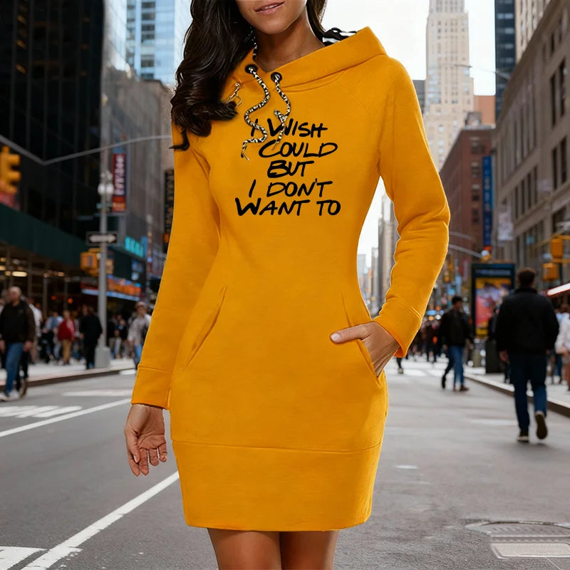 I Wish I Could But I Don't Want To Women's Long Sleeve Hoodie Dress Drawstring Pullover Top Sweatshirt