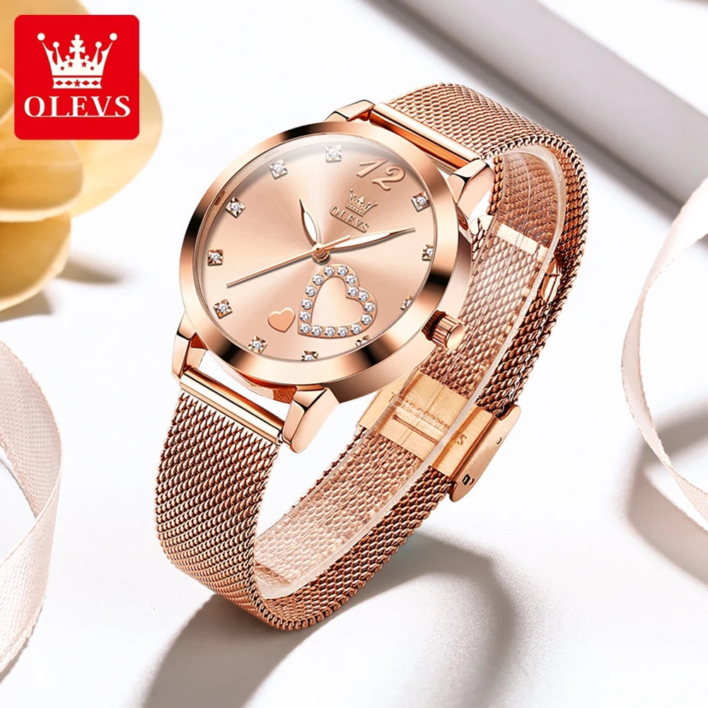 OLEVS 5189 Women's Watch Quartz Wristwatch Casual Fashion Watch for Ladies Waterproof Luminous Mesh Belt Love Dial Zircon Scale