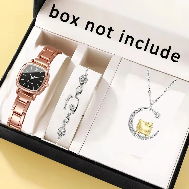 3 pieces/set Women Couple Wristwatch Female Student Small Square Quartz Watch Hello Kitty necklace bracelet quartz watch Gift