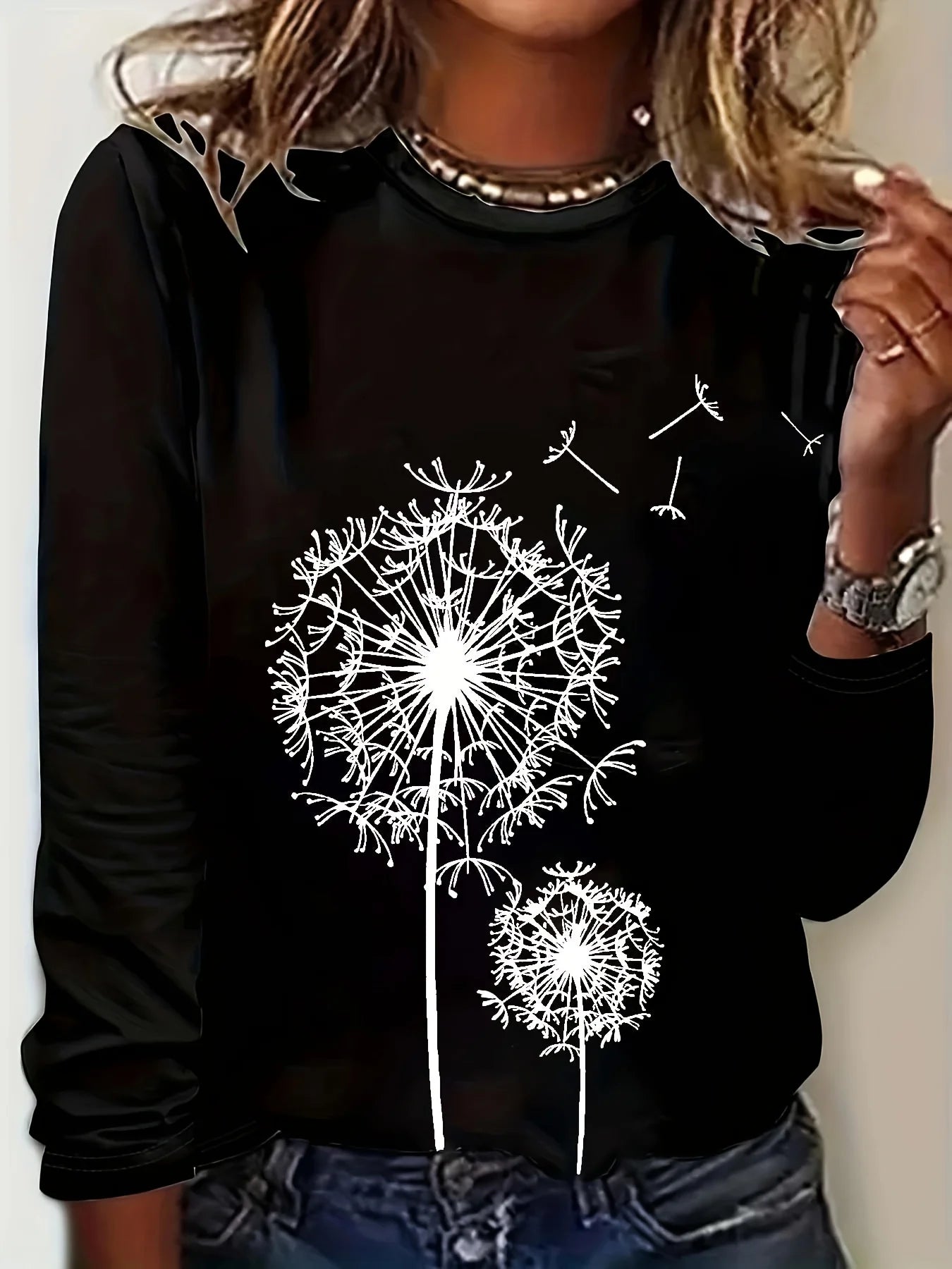 Women's Spring and Autumn 100% pure cotton fashionable casual loose dandelion pattern printed round neck long sleeved T-shirt