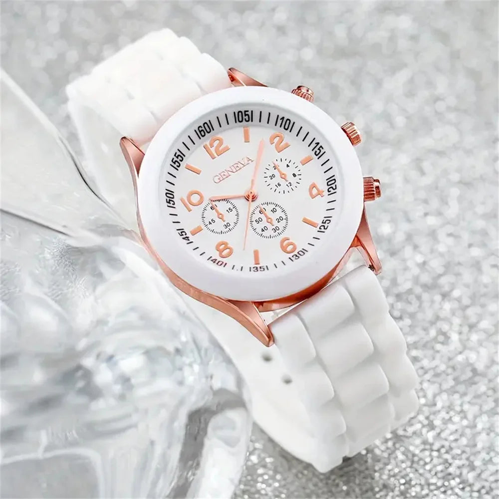6PCS/Set Women's Watches Casual Silicone Band Analog Quartz Watch Heart Pearls Jewelry Set(Without Box)