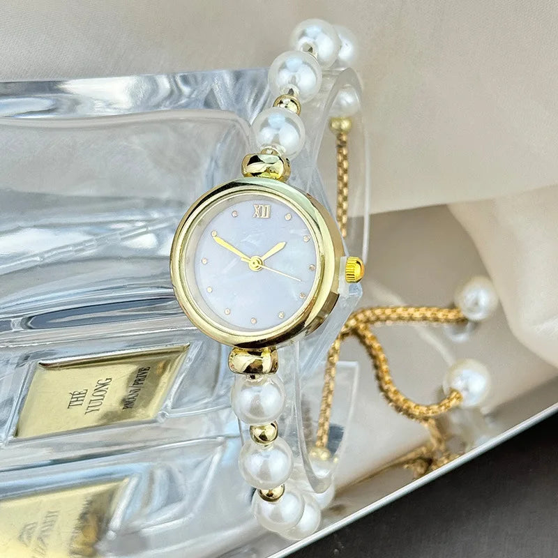 Elegant Pearl Bracelet Women's Quartz Watch Pull-out Adjustable Strap Watch Luxury Small Dial Ladies Wristwatch Gift