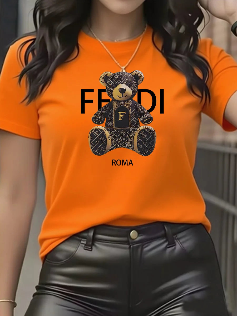 summer Graphic T-Shirt Short Sleeve Crew Neck with Soft Comfortable Spring Women's Light Blue Casual Teddy Bear